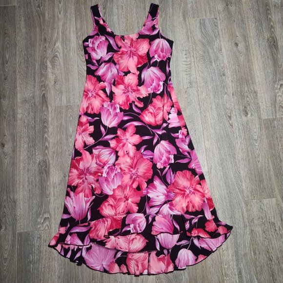 Vintage romantic 90s pink and black sleeveless midi floral dress with ruffles - Picture 8 of 14